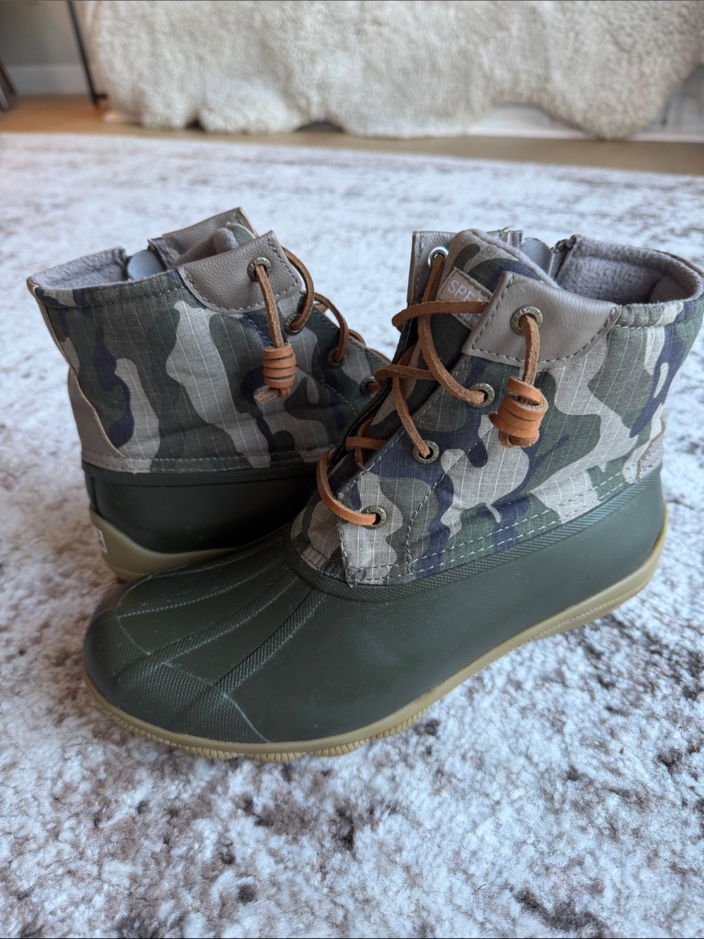 Sperry Camo Duck Boots with Olive Toe and Tan Accents